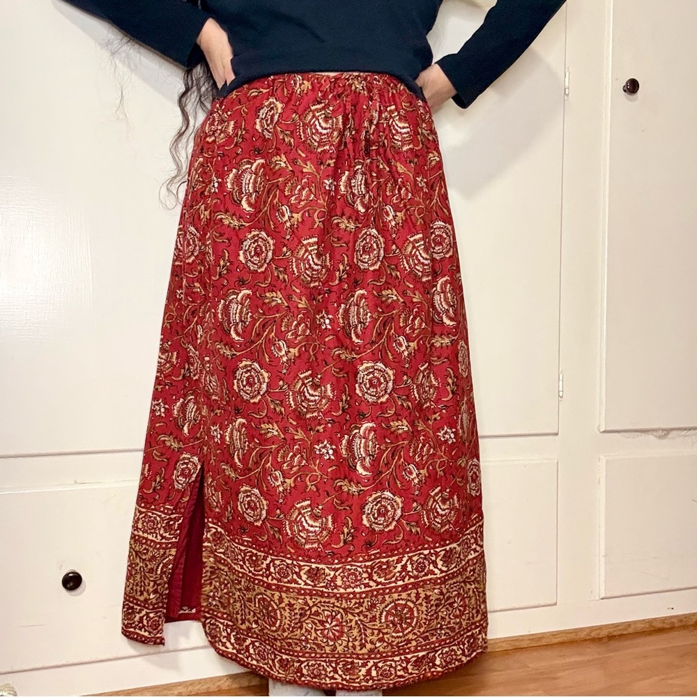 Venezia Red Floral Maxi Skirt with Gold Accent